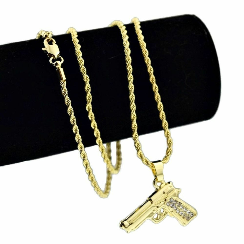 Hip Hop Iced Out Gold Plated CZ Beretta Gun Pendant w/ 24" Rope Chain Necklace
