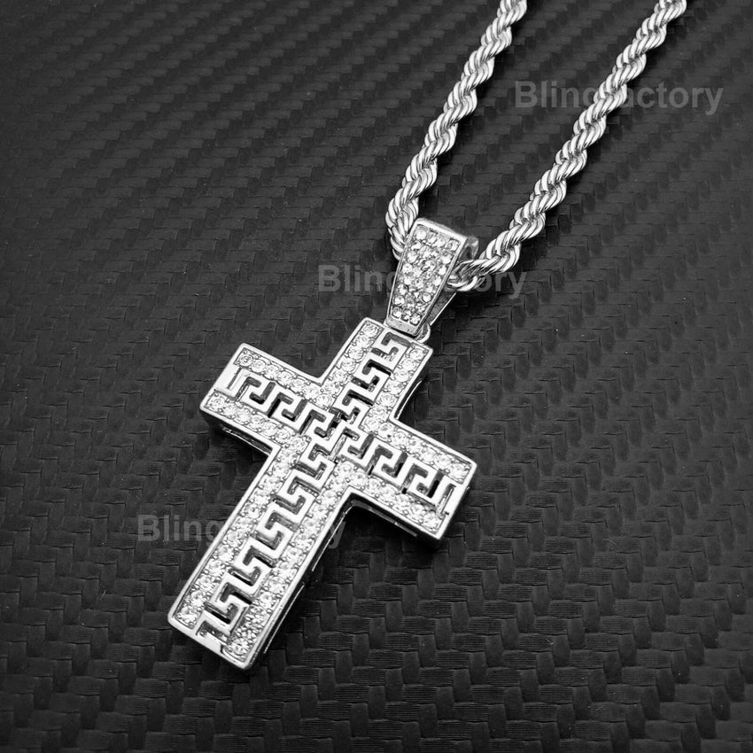 Hip Hop Iced out Designer style Cross Pendant & 4mm 24" Rope Chain Necklace