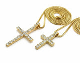 ICED OUT CROSS DOUBLE PENDANT & 2mm 24" & 30" BOX CHAIN 2 NECKLACE SET