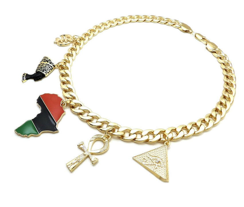 PYRAMID, NEFERTITI, ANKH, AFRICA, GYE NYAM, SEKHMET & 11mm 18" Cuban Link Chain