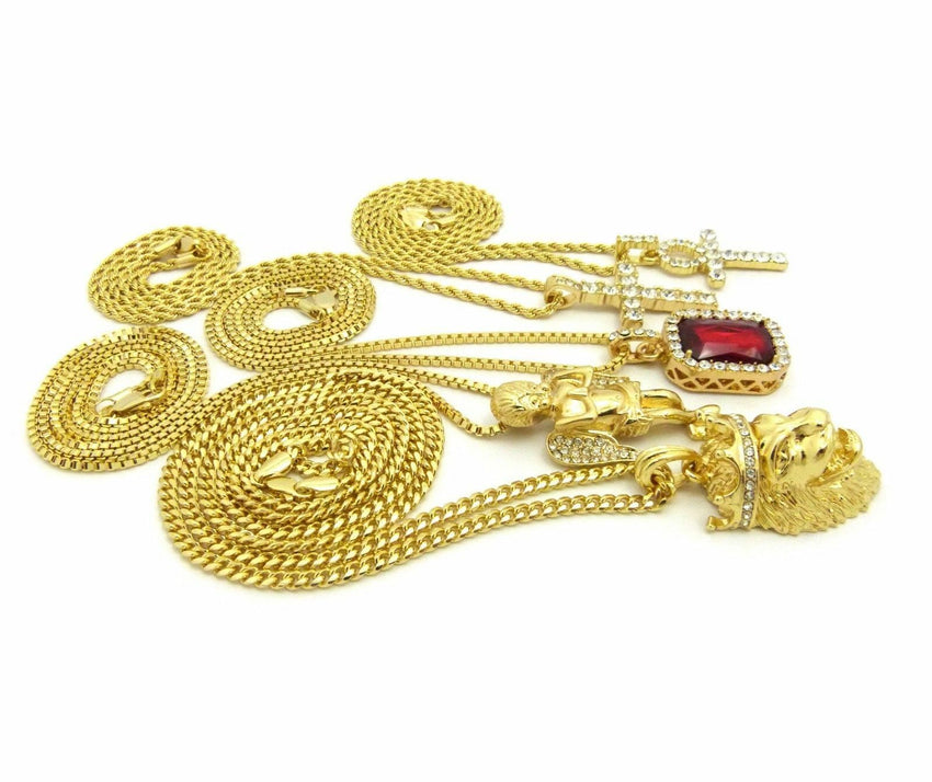 Hip Hop Iced Out Ankh, Cross, Red Ruby, Angel, Lion Head Pendant 5 Necklace Set
