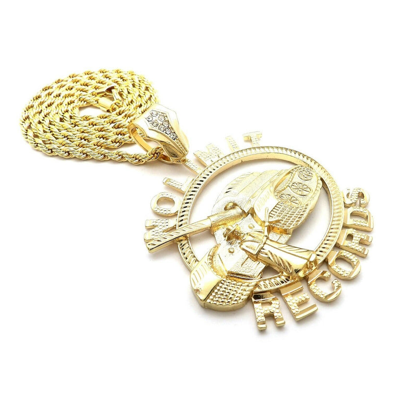 HIP HOP ICED OUT GOLD PT NOLIMIT RECORDS PENDANT & 4mm 24" ROPE CHAIN NECKLACE