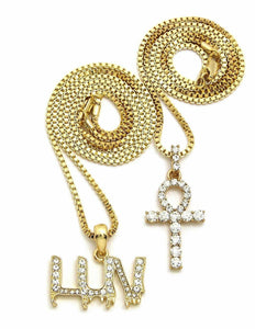 ICED OUT MINI ANKH CROSS & LUV PENDANT & 20