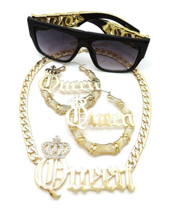 WOMEN QUEEN PENDANT NECKLACE & PINCATCH HOOP EARRINGS & SUNGLASSES SET