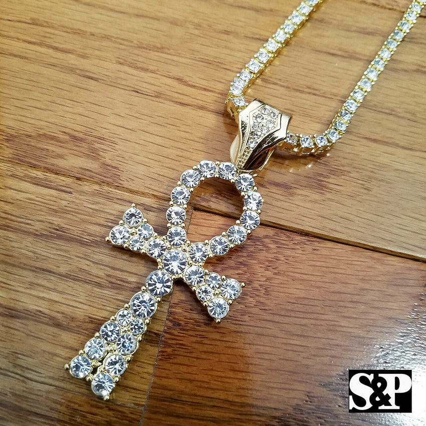 New Hip Hop Ankh Pendant & 18" Full Iced 1 ROW DIAMOND Tennis Choker Chain Set