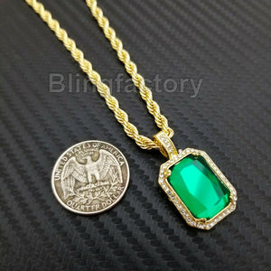 Hip Hop 14K Gold PT Iced Green Ruby CZ Pendant & 4mm 24