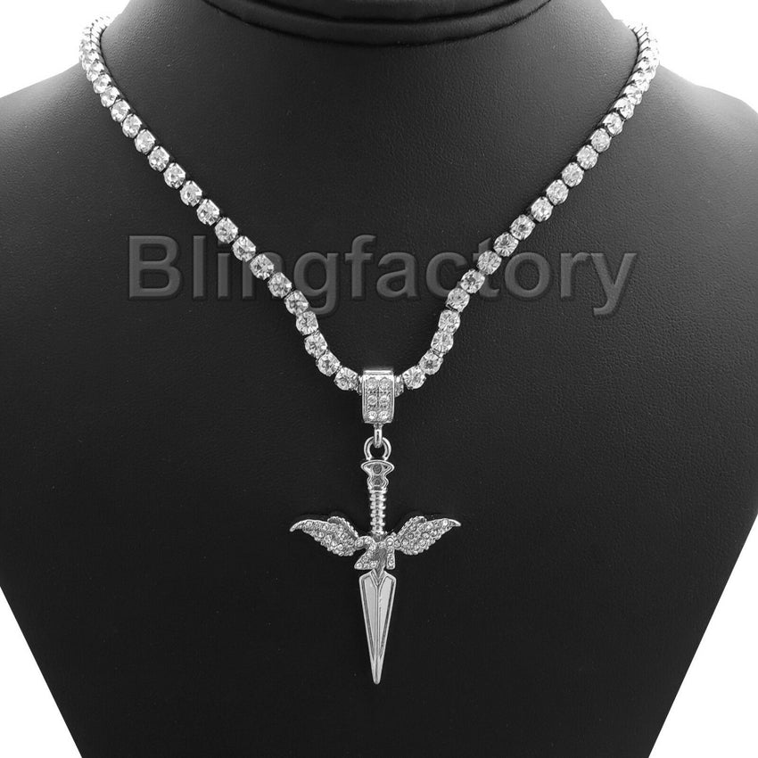 Hip Hop SAVAGE 21 SWORD Pendant & 1 Row Diamond Tennis Choker Chain Necklace