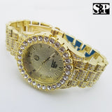 MEN HIP HOP ICED OUT LAB DIAMOND WATCH & RING & CUBAN CHAIN BRACELET COMBO SET