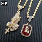 Hip Hop Praying Hands & Red Ruby Praying Hands Pendant w/ Rope Chain 2 Necklaces