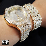 NEW MEN ICED HIP HOP GOLD PT LAB DIAMONDS JAY-Z WATCH & BRACELET COMBO SET