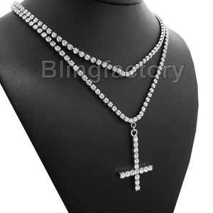 Hip Hop Iced out Uzi Cross Pendant & 1 Row Diamond Tennis Choker Chain Necklace