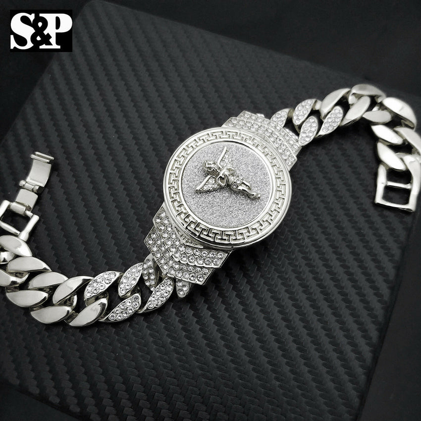 New Hip Hop White Gold Plated 8.5" CZ Full Iced Out Baby Angel Cuban Bracelet