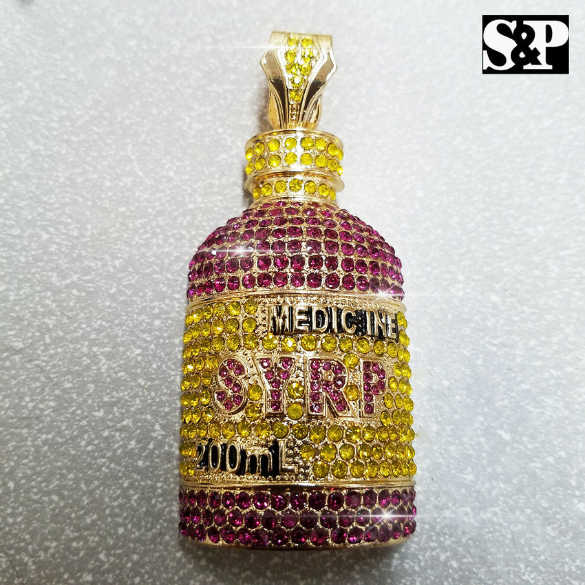 Hip Hop Rapper's Iced Out Lab Diamonds Gold plated Syrup Bottle Pendant