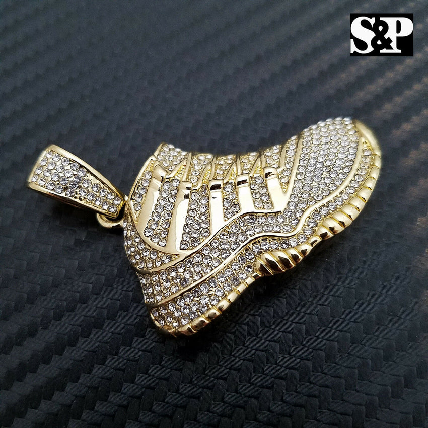 Men 14K Gold Plated Hip Hop Gold Retro 11 Shoe Pendant & 1 Row 18" Tennis Chain