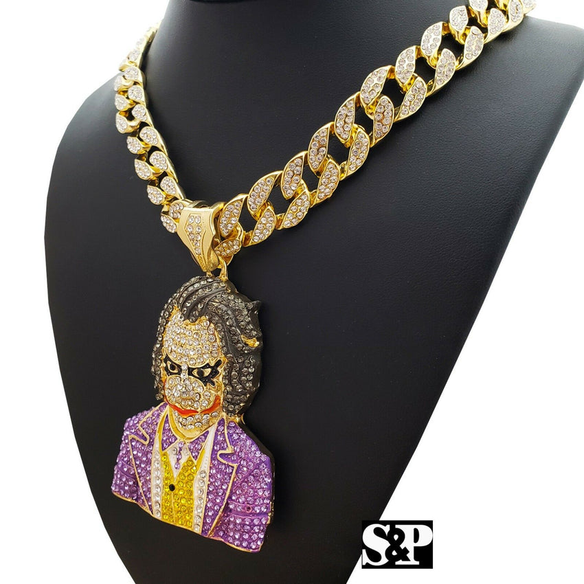 Hip Hop Large JOKER Pendant & 18" Full Iced Miami Cuban Choker Chain Necklace