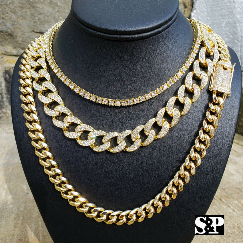 Hip Hop Lab Diamond Iced out 1 Row Tennis & Miami Cuban 3 Chain Necklace set