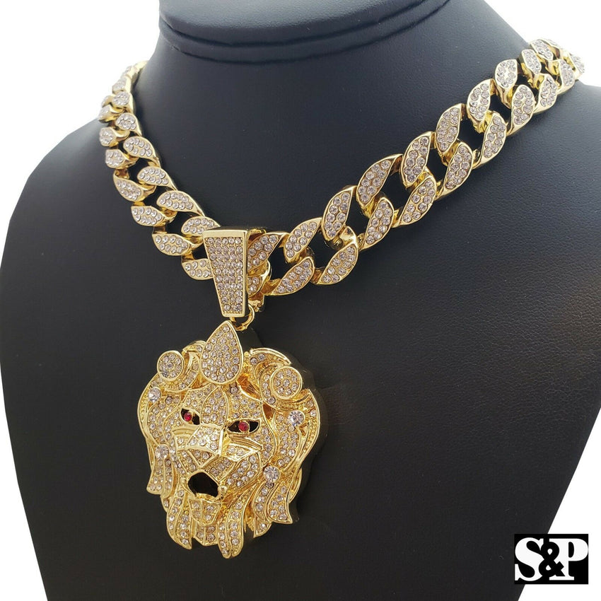 Hip Hop Lion Head Gold PT pendant & 18" Full Iced Cuban Choker Chain Necklace