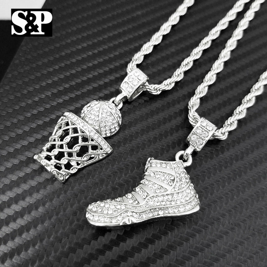 Hip Hop Iced Out JD SHOE & BASKETBALL Pendant & 24" Chain 2 Necklace Set