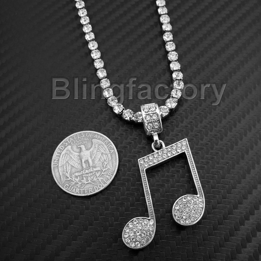 Hip Hop Iced Music Note Pendant & 1 Row Diamond Tennis Choker Chain Necklace