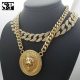 Hip Hop Gold Plated 16" Full Iced Cuban & Lion Face pendant Choker Chain Necklace Set