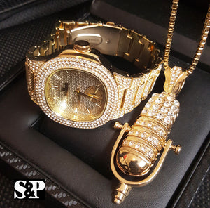 MEN ICED OUT HIP HOP GOLD PT QUAVO WATCH & MIC MICROPHONE NECKLACE COMBO SET