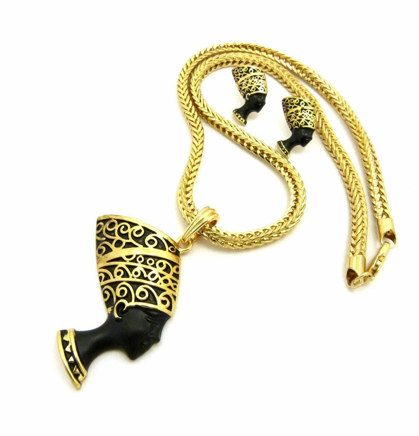 WOMEN'S NEFERTITI PENDANT & FRANCO CHAIN FASHION NECKLACE & EARRING COMBO SET