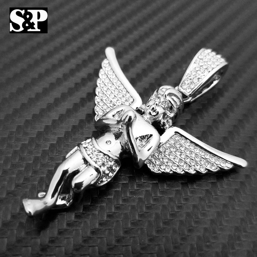 HIP HOP ICED OUT RAPPER STYLE LAB DIAMOND WHITE GOLD PLATED BABY ANGEL PENDANT