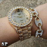 MEN HIP HOP ICED OUT LAB DIAMOND WATCH & RING & GUCCI CHAIN BRACELET COMBO SET