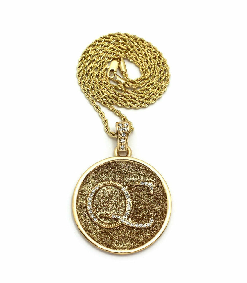 Bling Round Sand durst QC Pendant & 24" Rope, Cuban, Box Chain Hip Hop Necklace