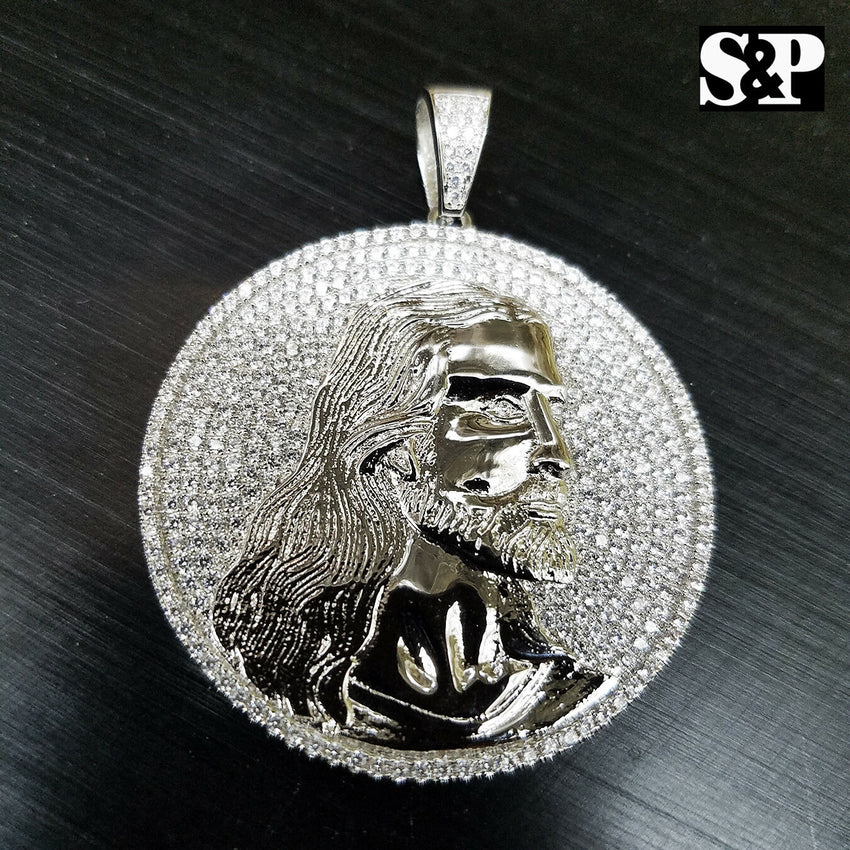 HIP HOP ICED OUT WHITE GOLD PLATED BRASS MICRO PAVE JESUS FACE MEDALLION PENDANT
