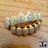 Gold Plated BRASS Hip Hop Iced Gold Tone Teeth Grillz Fang Top & Bottom Set