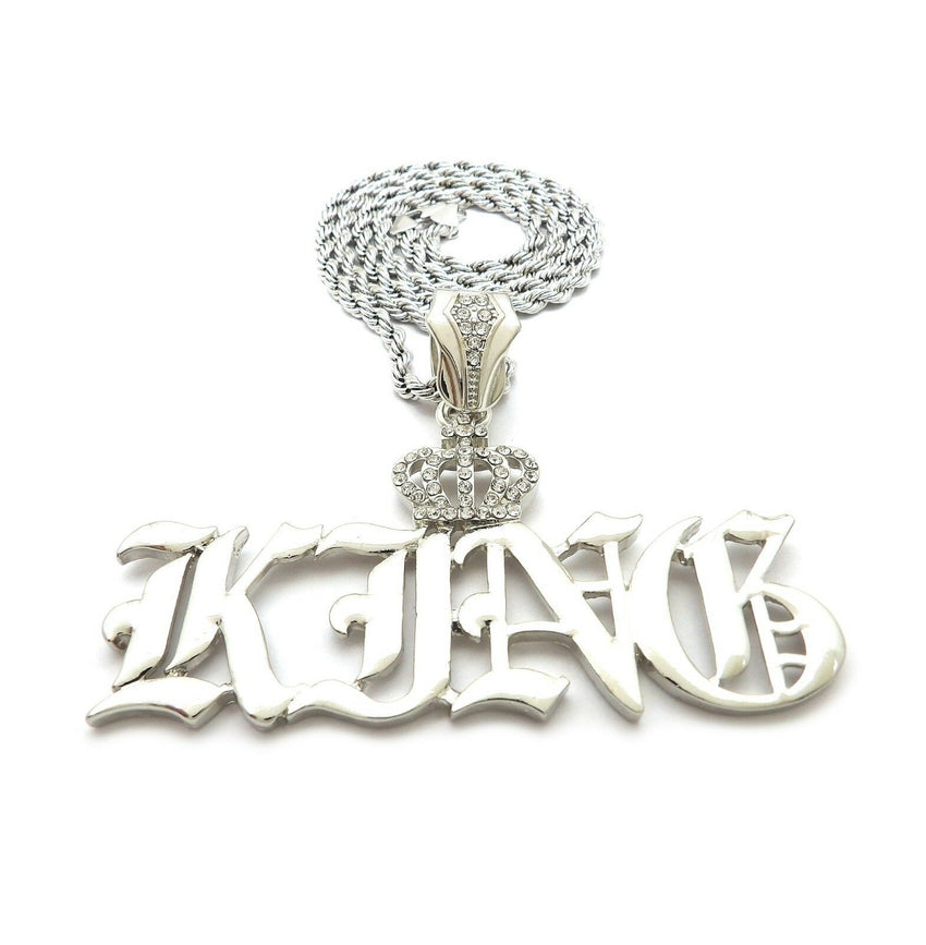 HIP HOP ICED OUT SILVER PT CROWNED KING PENDANT & 4mm 24" ROPE CHAIN NECKLACE