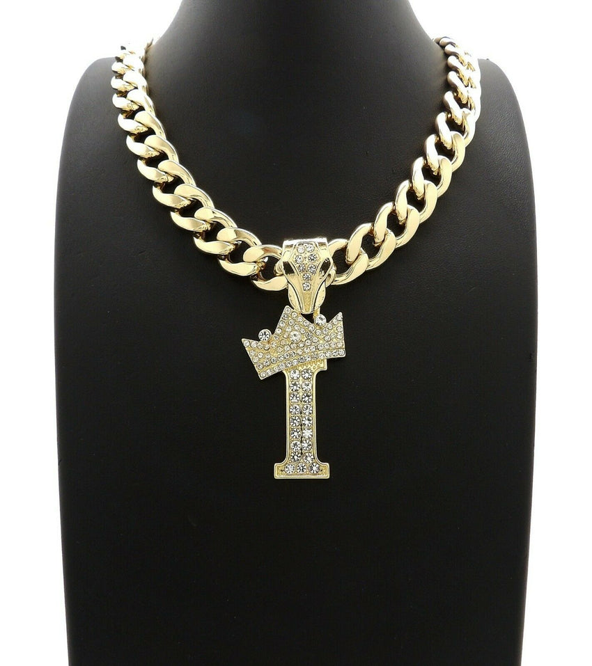 Hip Hop Crowned Alphabet Initial Pendant & 11mm 18" Cuban Choker Chain Necklace
