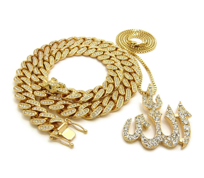 Hip Hop Iced Out Cuban Choker Chain & Muslim Allah Pendant w/ box chain necklace set
