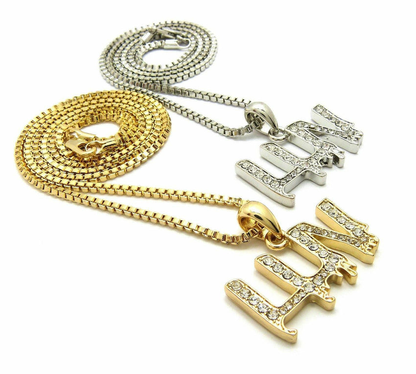 ICED OUT RAPPER'S MINI LUV PENDANT & 20", 24" BOX CHAIN HIP HOP NECKLACE SET
