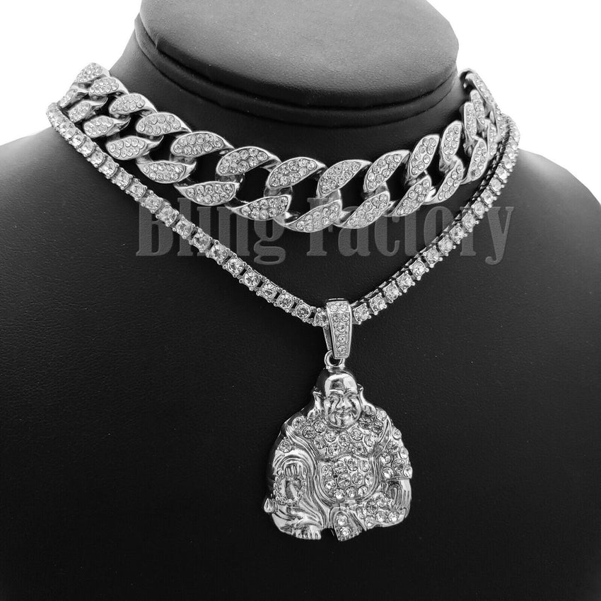 Hip Hop Happy Buddha Pendant & 18" Full Iced Cuban & 1 ROW Tennis Choker Chain Necklace Set