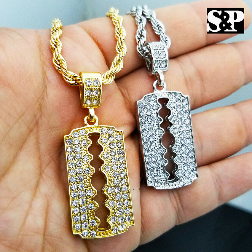 Fashion Iced Barber Shop Razor Blade Pendant w/ 4mm 24" Rope Chain Necklace