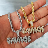 Iced out Hip Hop Lab Diamond Drip SAVAGE Pendant & 4mm 24" Rope Chain Necklace