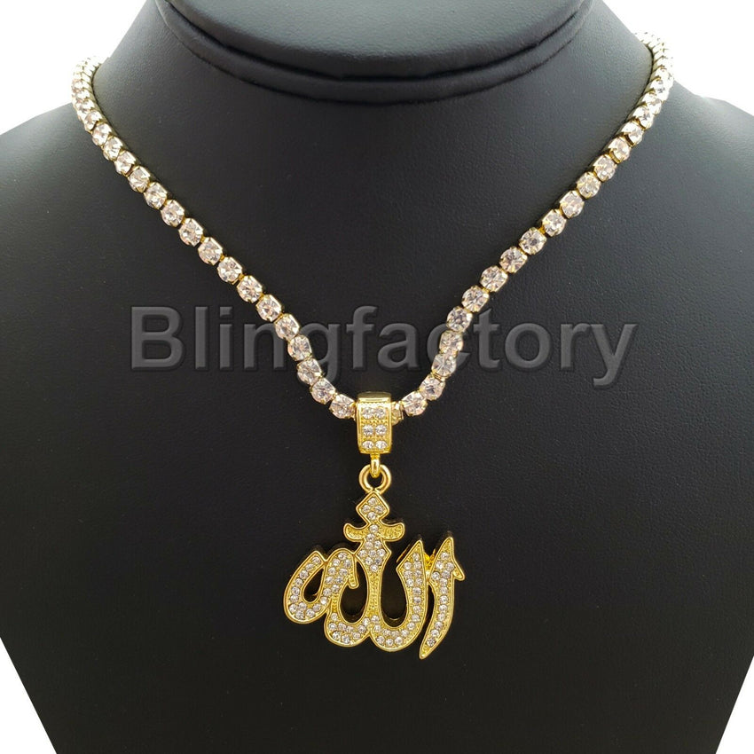 Hip Hop Iced Muslim Allah Pendant & 1 Row Diamond Tennis Choker Chain Necklace