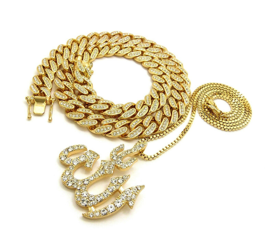 Hip Hop Iced Out Cuban Choker Chain & Muslim Allah Pendant w/ box chain necklace set