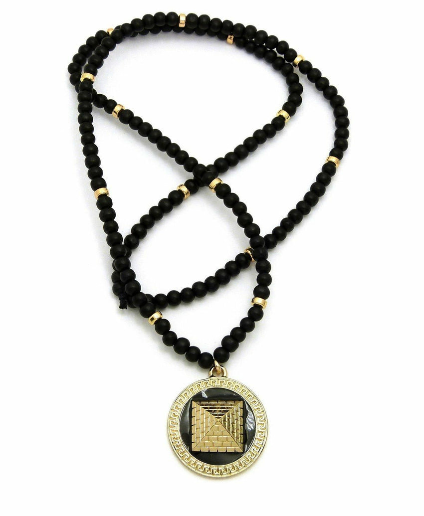 Gold PT Egyptian Pyramid Pendant & 30" Wooden Bead Chain Hip Hop Necklace
