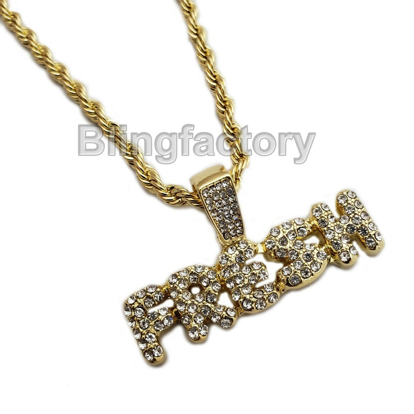 Hip Hop Iced out Lab Diamond FRESH Pendant & 4mm 24" Rope Chain Necklace
