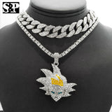Hip Hop SON GOKU pendant w/ 18" Full Iced Cuban & 1 ROW DIAMOND Choker Chain Set