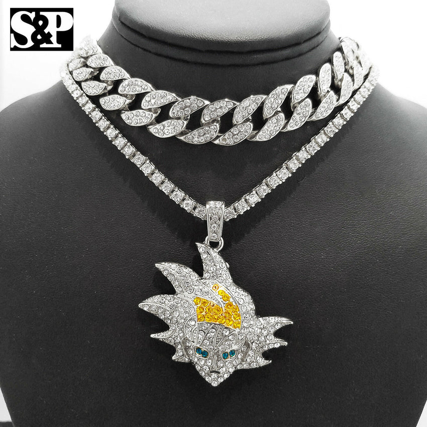Hip Hop SON GOKU pendant w/ 18" Full Iced Cuban & 1 ROW DIAMOND Choker Chain Set