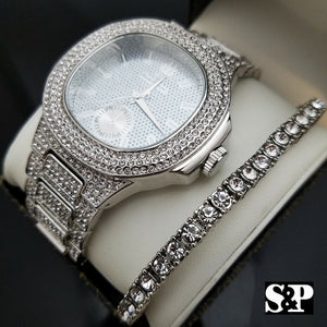 MEN HIP HOP BLING WHITE GOLD PT WATCH & 1 ROW TENNIS CHAIN BRACELET COMBO SET