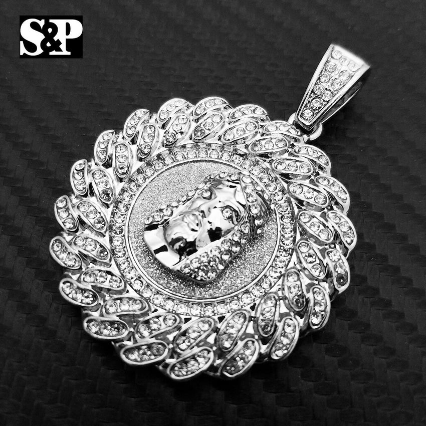 HIP HOP ICED OUT LAB DIAMOND SILVER PLATED UNIQUE STYLE JESUS FACE ROUND PENDANT