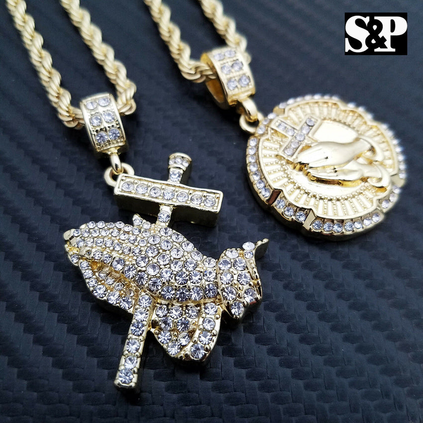 Hip Hop Iced Out 2 Praying Hand w/ Cross Pendant & 4mm 24" Rope Chain Necklace