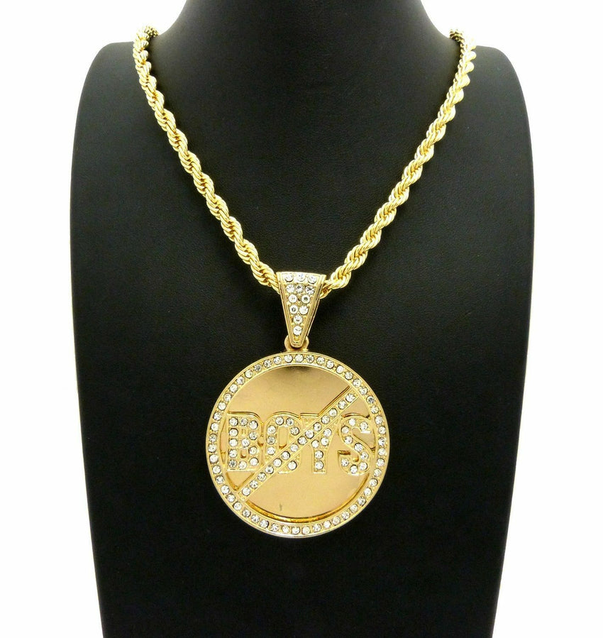ICED OUT 'NO BOYS ALLOWED' PENDANT & 5mm 20" ROPE CHAIN HIP HOP NECKLACE
