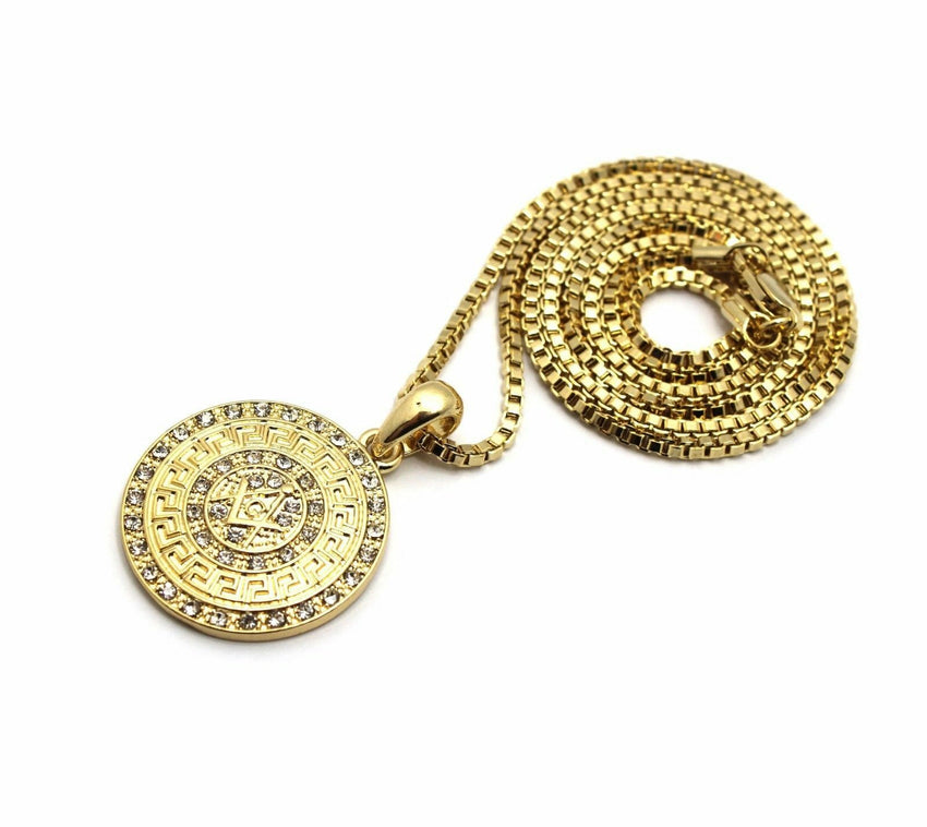 Iced Out Gold PT FREEMASON Masonic Pendant & 2mm 24" Box Chain Hip Hop Necklace