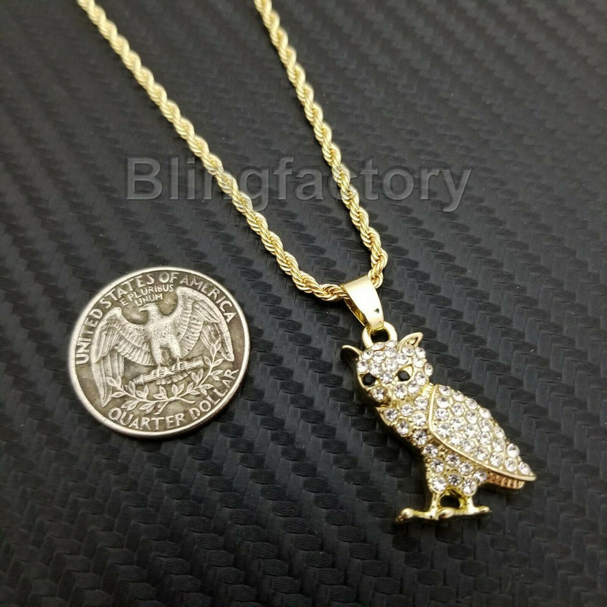 Hip Hop Iced Mini Owl & Ankh Cross Pendant & 3mm 24" Rope Chain Necklace Set